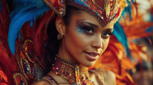 Spicemas Festval, Close Up Portrait of Woman in Elaborate Feathered Headdress at Spicemas Festival Grenada