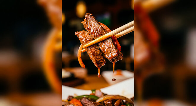 Chopsticks Holding Juicy Peruvian Lomo Saltado Beef With Dripping Sauce