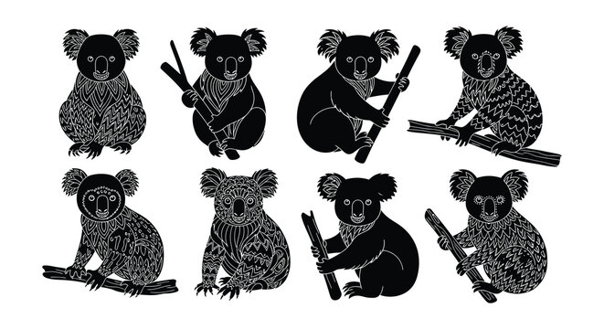 Intricate koala patterns a collection of monochrome animal illustrations