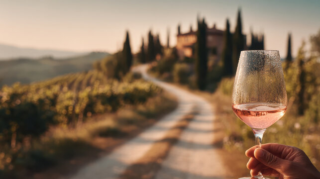 Hand holding a glass of chilled rose wine against a scenic Italian Tuscany vineyard background
