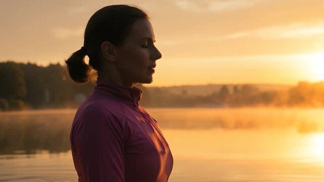 Peaceful woman meditating in lotus position on a lake dock at dawn