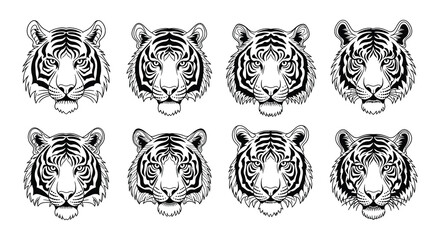 Eight tiger head illustrations in a black and white grid pattern