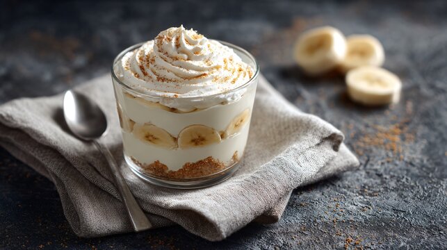 Banana pudding on linen napkin over stone surface