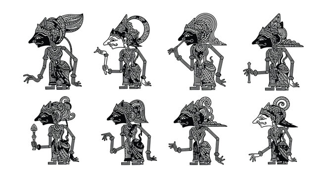 Detailed arrangement of traditional wayang kulit shadow puppets on white background