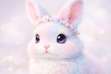 Obraz premium Adorable fluffy bunny with pastel colors and a delicate flower crown, soft focus background