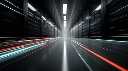 Endless futuristic corridor lined with black server racks extends toward bright vanishing point with streaking red  light trails, depicting rapid data flow, enterprise data center infrastructure