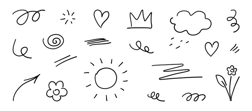 Hand drawn doodle elements. Handwritten line sketch of flower, crown, cloud, sun, underlines, heart in pen brush style. Crayon icon set.  Isolated vector illustration for journal, poster, collage.