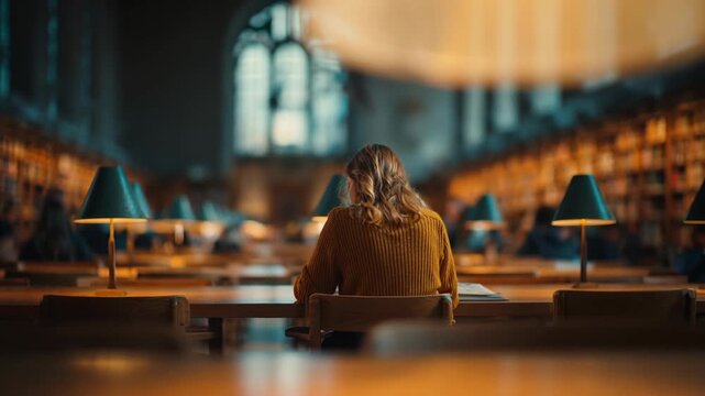 Woman reading book at wooden table under green lamp in warm light, surrounded by books in vast library, peaceful solitude, focused study, knowledge, inspiration, softly lit academic environment