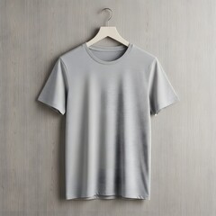 Light grey short-sleeved t-shirt displayed on hanger against textured background illustration