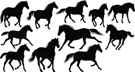 Collection of wild horse silhouettes running and galloping, majestic equine figures in various dynamic poses, powerful stallion wildlife vector illustration.