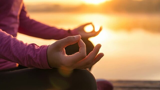Close-up of woman's hands in mudra pose during meditation at golden hour