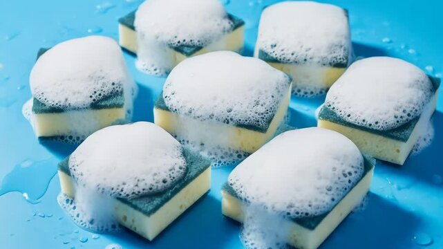 A blue surface with seven square-shaped desserts topped with white foam and resembling miniature houses