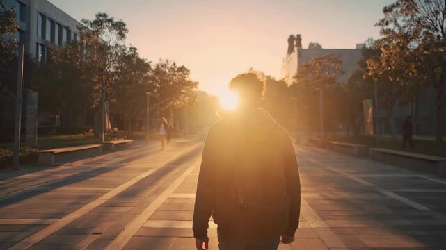 Young man with backpack walking along urban campus pathway sunrise, peaceful morning atmosphere with soft sunlight, modern buildings, trees, silhouette city street, outdoor solitude, reflective mood