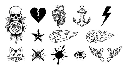 Black and white vintage tattoo designs, various symbols, including skull, snake, and heart