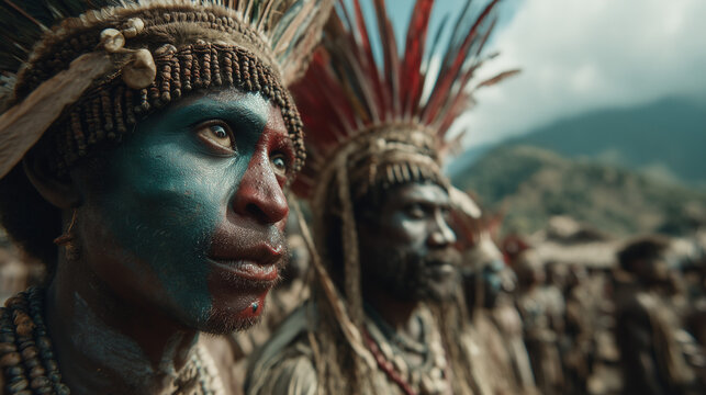 Sing-Sing Festival, Close portrait of Papua New Guinea tribesman with blue face paint and shell ornaments at Sing-Sing Festival