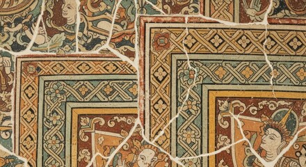 Vintage Cracked Tiles with Ornate Patterns.