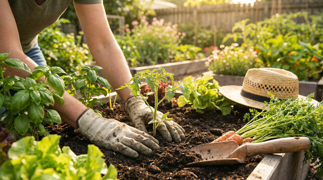 Planting Vegetables in Raised Garden Bed Sustainable Lifestyle Concept