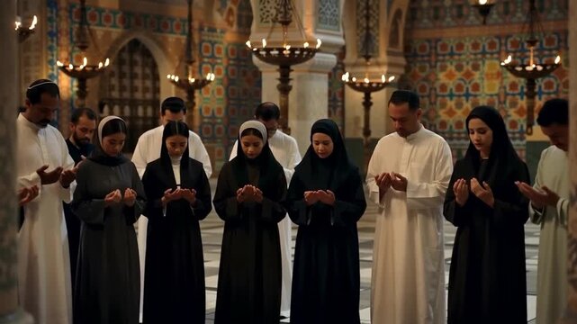 Muslims praying in a mosque with intricate tilework and chandeliers, during Ramadan