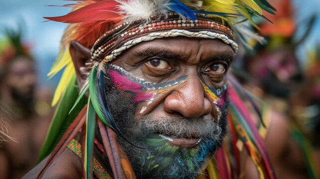 Sing-Sing Festival, Papua New Guinea tribesman with multicolored face paint and feathered headband during Sing-Sing Festival cultural gathering