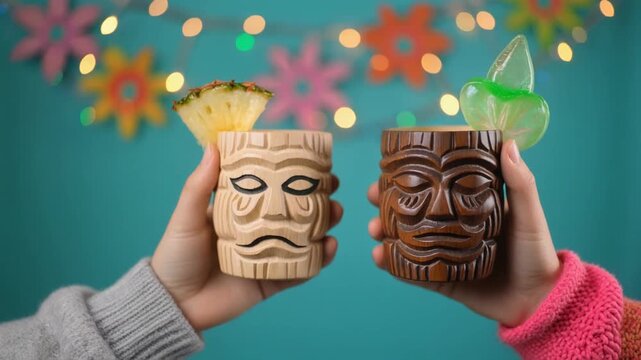 Tropical tiki cocktail cheers with carved tiki mugs and festive lights