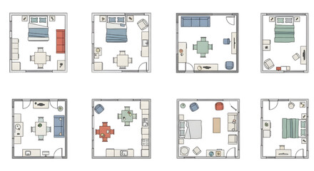 Fototapeta premium Top View Floor Plan Room Layouts with Furniture Vector Set Transparent Background
