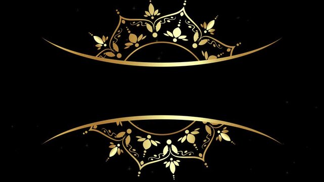 Animation of Luxury sparkling Indian mandala, gold rangoli, arabesque frame pattern. Motion Graphics Video floral decoration Rotating, elegant black background, light effects, copy space for text