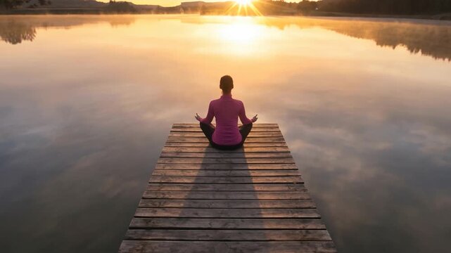 Woman meditating on a wooden pier at sunrise over a misty lake, rear view
