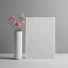 Minimalist vase with pink flowers beside textured white wall panel illustration