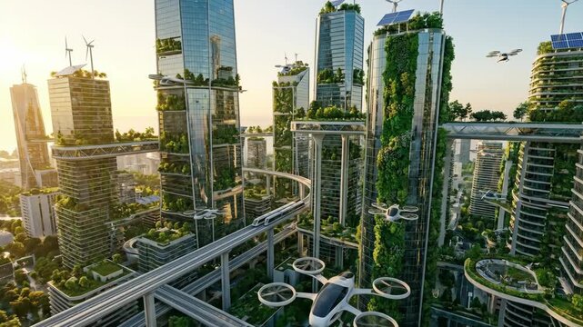 Futuristic eco cityscape with towering green skyscrapers connected by skybridges and flying vehicles Advancing urban development meets nature in a sustainable metropolis