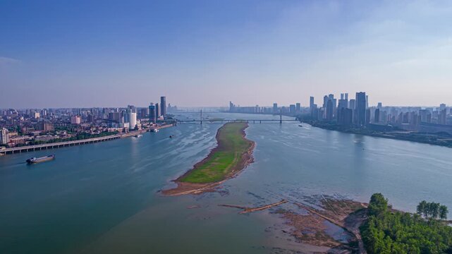 Nanchang Ganjiang River Aerial View with Island and Skyline