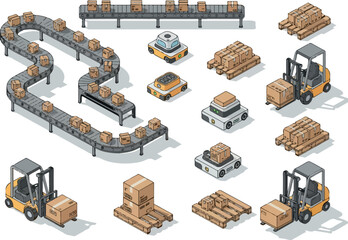 Warehouse operations illustration showing forklifts moving crates on conveyer belts in an industrial setting from an aerial viewpoint
