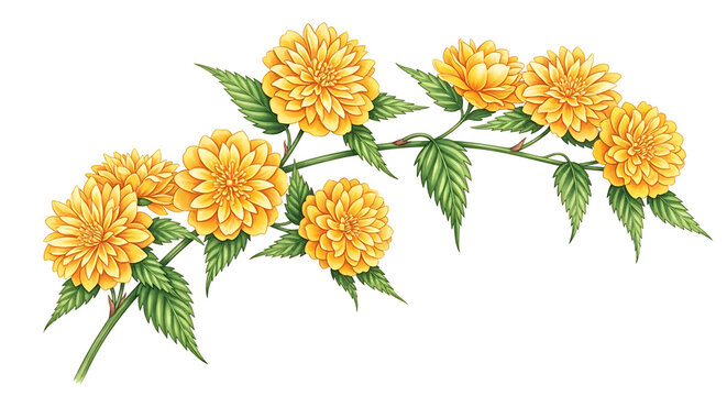 Yellow double flowered kerria japonica branch with green leaves yellow flowers double flowers