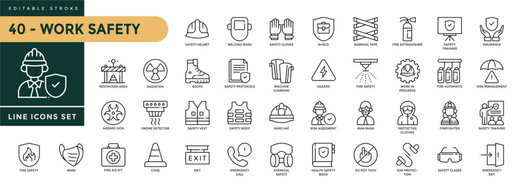 Work Safety icons set with editable stroke, including workplace security, hard hat, insurance, safety compliance, first aid kit. Thin linear vector illustration.
