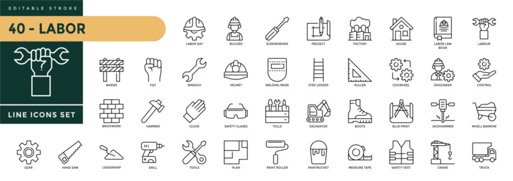 Labor icons set with editable stroke, including  construction, repairman, tools, labour day, renovation. Thin linear vector illustration.