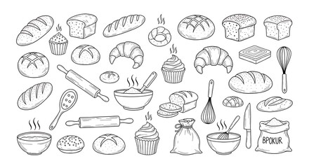 Collection of various baked goods, tools, and ingredients for baking, in black and white