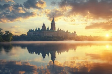 Fototapeta premium Sunrise over Parliament Hill, reflecting in the Ottawa River, showcasing the beauty of Canada's capital in early morning light