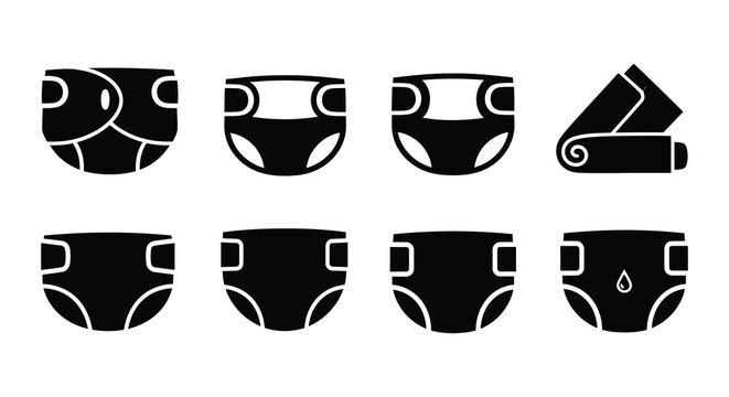 Black silhouette icons depicting various styles of baby diapers and inserts
