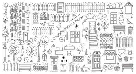 Obraz premium Collection of various sketched building elements like fences, trees, doors, and stairs
