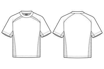 Mesh t-shirt technical fashion template. flat sketch technical mesh t-hirt fashion illustration, front and back, slim fit, CAD drawing. vector mesh t-shirt mockup-2. © Bee