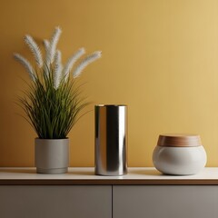 Minimalist decor featuring a plant, vase, and modern ceramic pot on a shelf. illustration