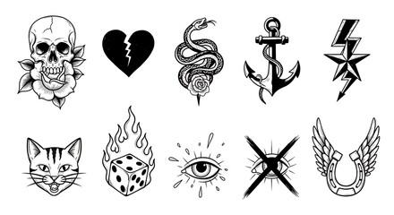 Collection of various traditional tattoos in black and white skull, heart, snake, anchor, etc