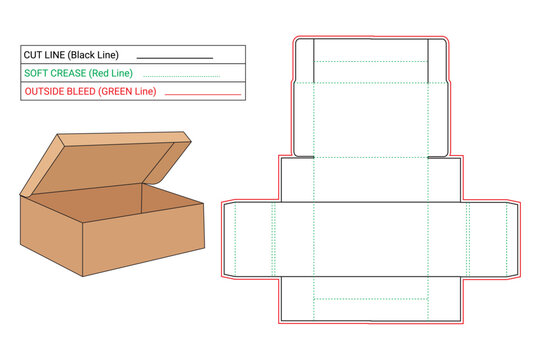 One piece corrugated shoe box technical illustration. flat sketch shoe box dieline template, perfectly foldable, using glue, 3D box, cutline, soft crease, outside bleed.