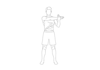 Man performs upper body warm up stretching shoulder joint for fitness exercise and preparing muscles for physical activity routine