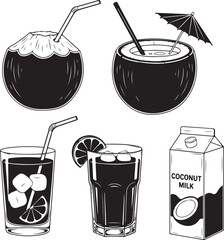 Coconut milk and cold drinks with straws and umbrella on transparent background illustration