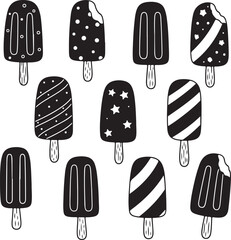 Collection of black and white ice cream illustrations on transparent background