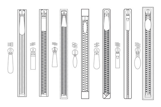 Zip fastener technical fashion illustration. flat sketch Zipper puller vector set for clothing design, graphics resources, mockup design etc.