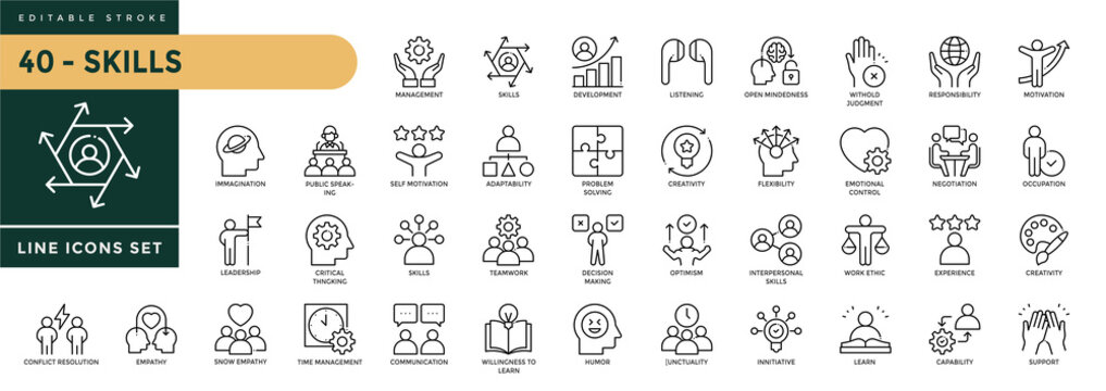  Skills icons set with editable stroke, including communication, development, occupation, goal, training, empathy, knowledge, motivation, etc. Thin linear vector illustration.
