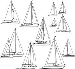 Collection of handdrawn sailboats with various sail configurations isolated on transparent background