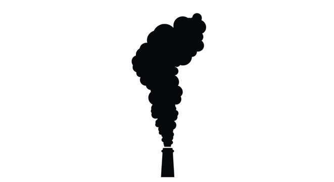 Black silhouette of smoke billowing from a factory chimney against a white background