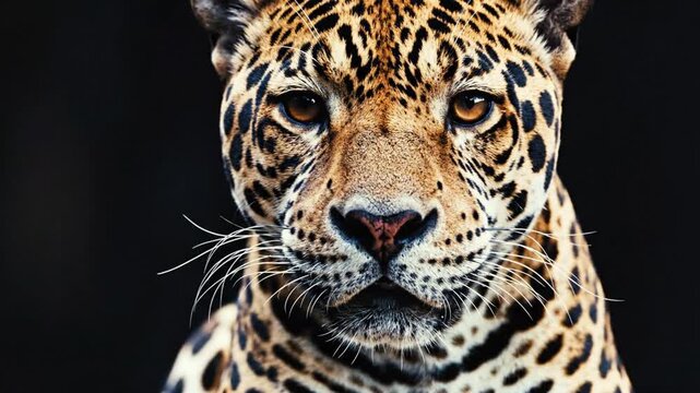 Close-up of a powerful jaguar's head against a dark background